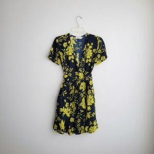 A.L.C. Silk Navy and Yellow Floral Mini Belted Wrap Dress
